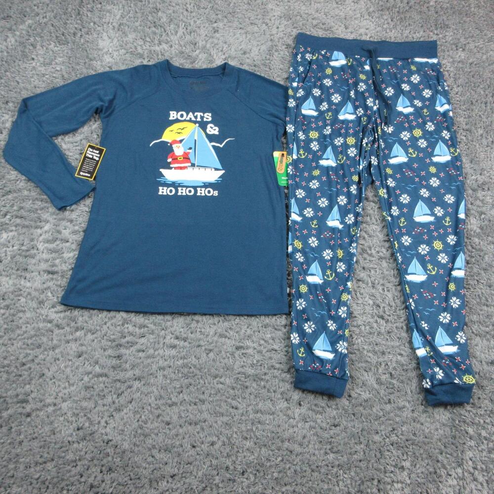 Tipsy Elves Pajama Set Womens M Blue Boats & Ho Ho Hos Santa Nautical Jersey NWT